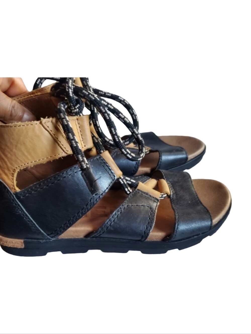 Sorel Women’s Black and Tan Lace-Up Comfort Sandals